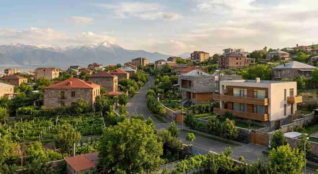 Scenic view of residential properties in Armenia with mountains in the background.