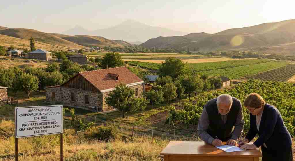 Một khung cảnh thiên nhiên Armenia với ngôi nhà truyền thống và cánh đồng nông nghiệp ở phía trước.