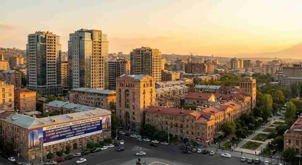 Scenic urban landscape of Armenia with modern and traditional architecture.