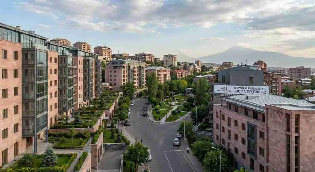 Residential neighborhood in Yerevan, showcasing modern architecture and greenery.