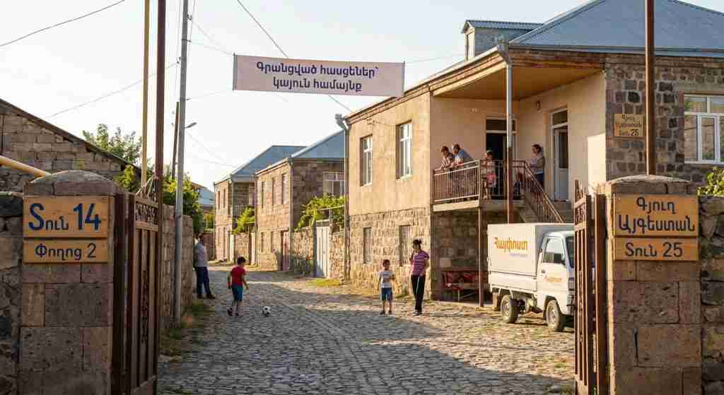 Жилая улица в Армении с домами и хорошо различимыми адресными вывесками, отражающая жизнь района.