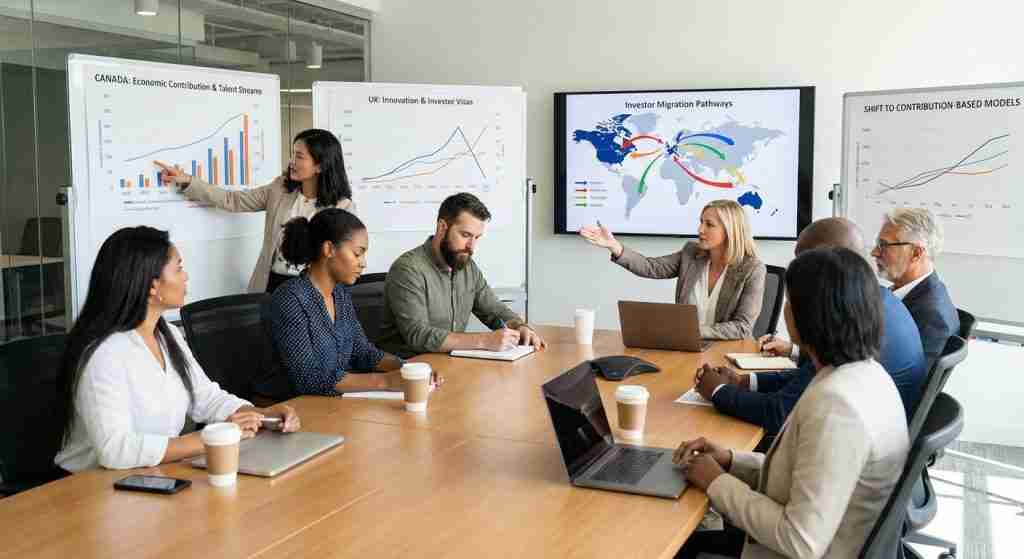 一群专业人士在会议室里讨论移民策略,周围摆满了图表。