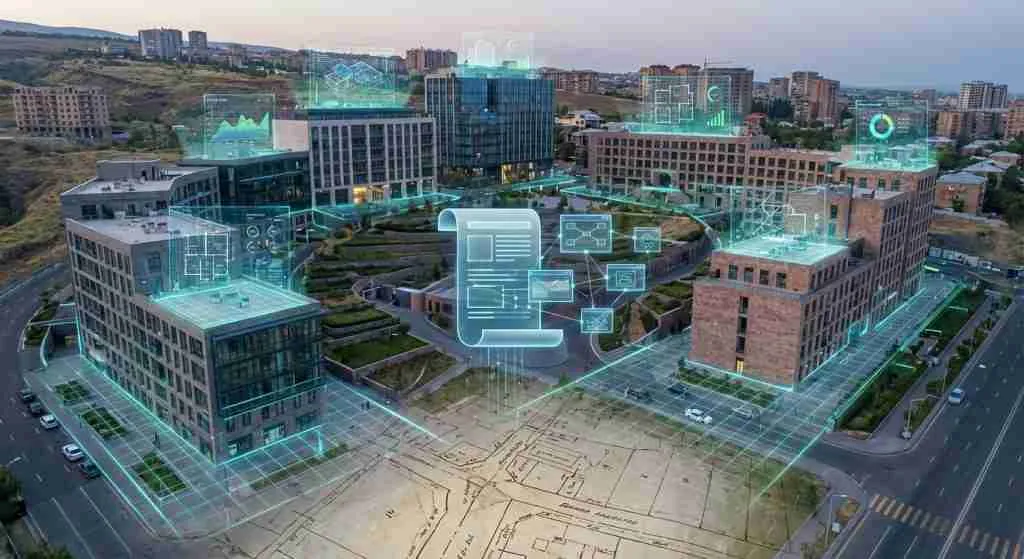 Aerial view of modern properties in Armenia, highlighting the blend of tradition and technology.