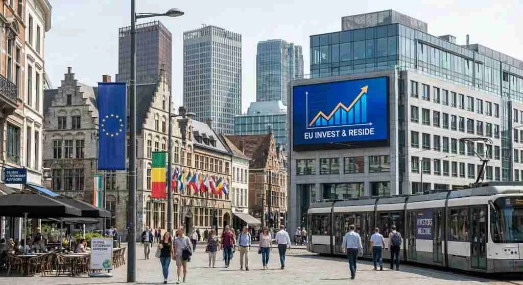 विविध वास्तुकला और सक्रिय व्यवसायों से युक्त एक जीवंत शहरी परिदृश्य, जो निवेश के अवसरों को उजागर करता है।