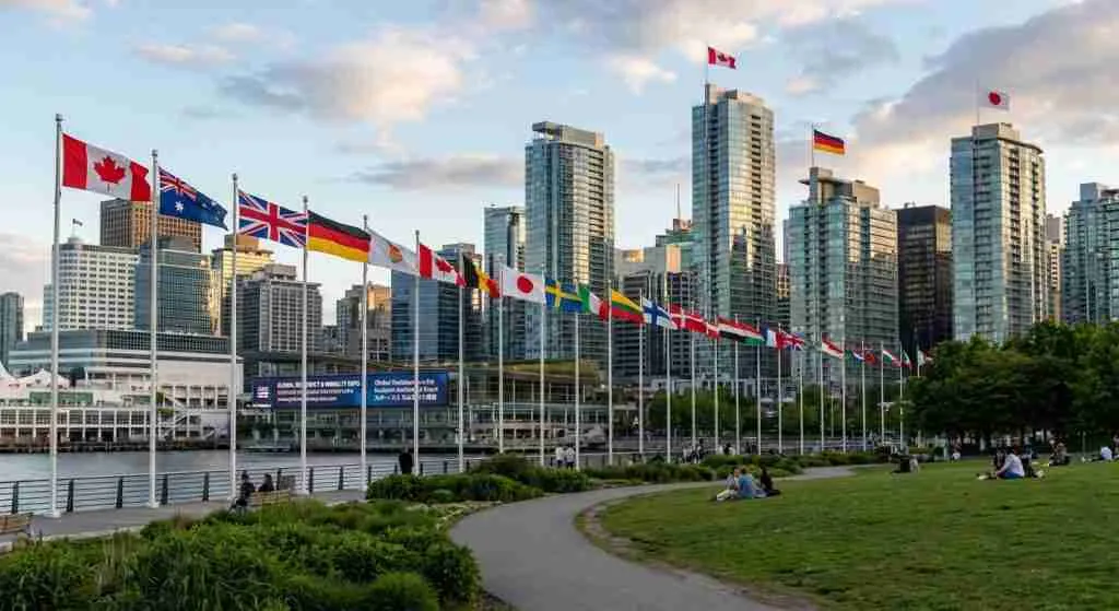 城市天际线上飘扬着代表国际流动性和居住性的各种国旗。