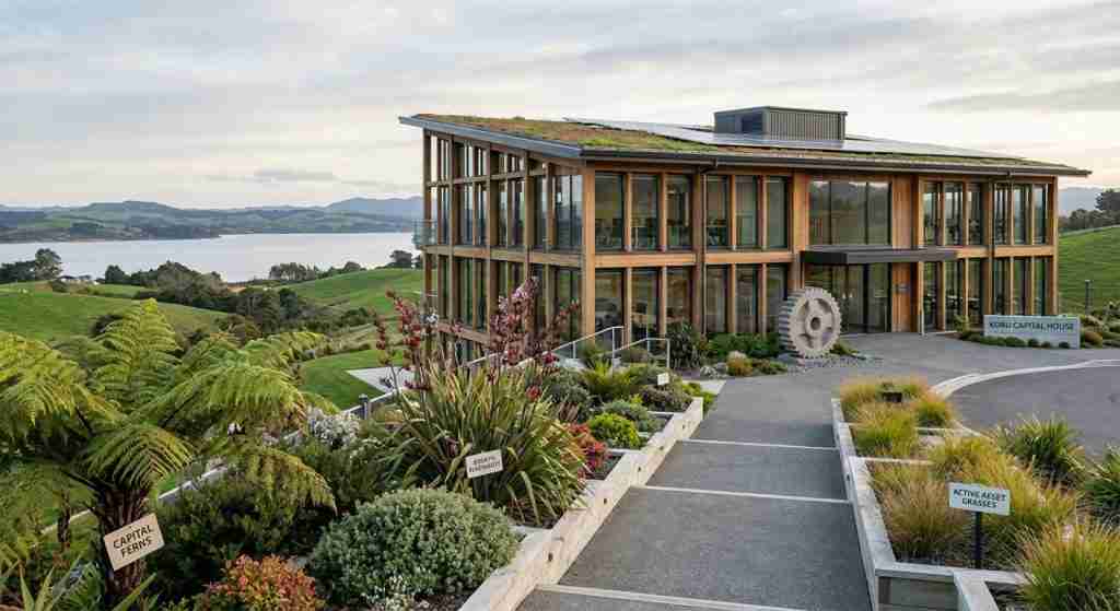 现代化的新西兰办公楼掩映在绿树丛中，代表着积极的投资。