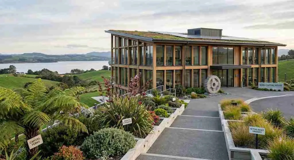 Modern New Zealand office building amidst greenery, representing active investment.