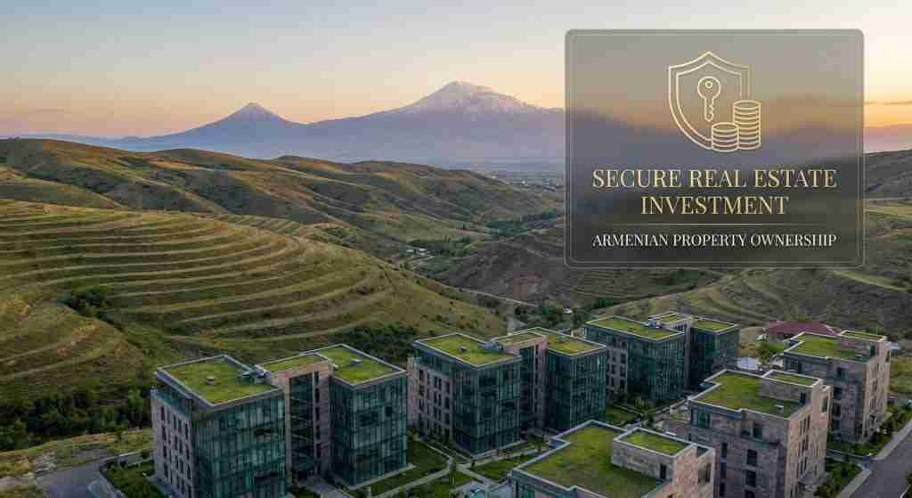 A modern residential complex set against a peaceful Armenian landscape.
