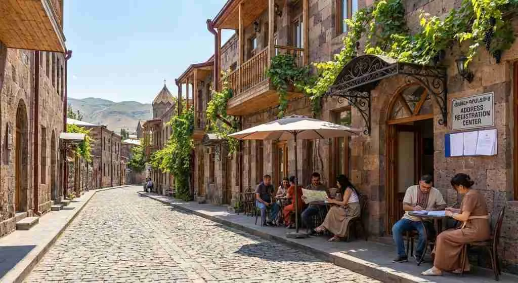 Traditional Armenian street view showcasing residential buildings.
