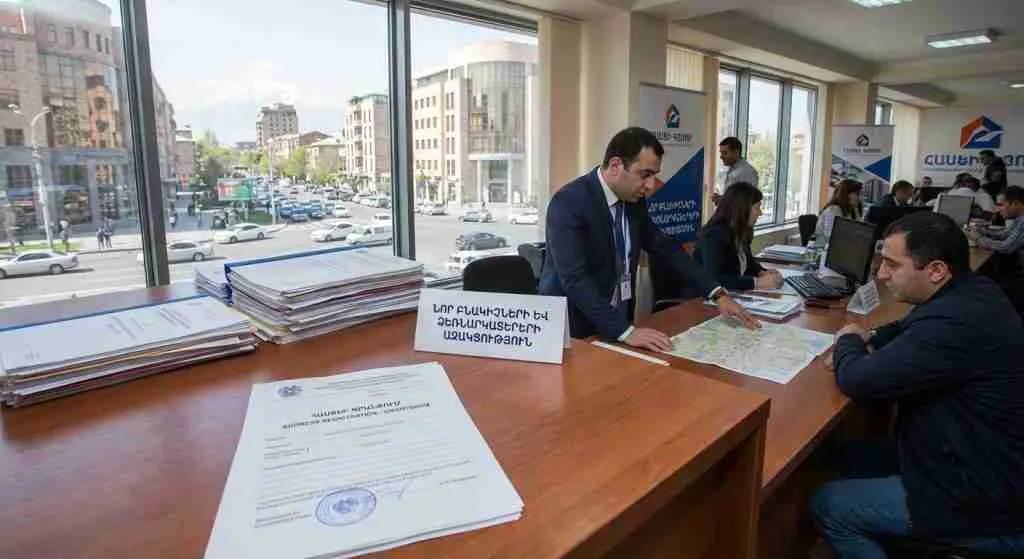 Interior view of a real estate office in Armenia with registration documents on a desk.