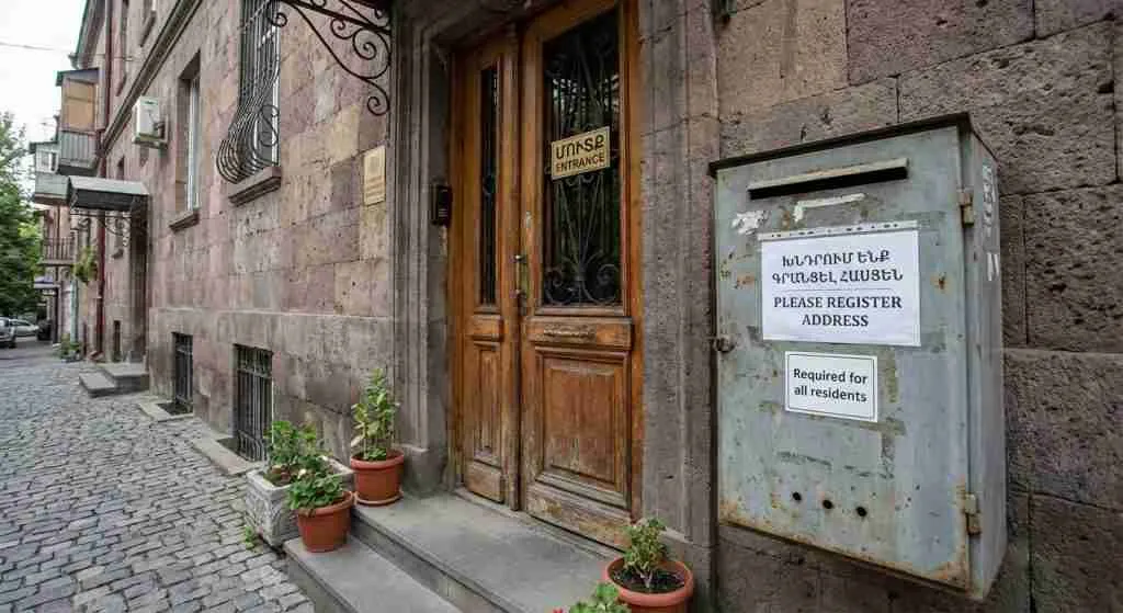 Residential building in Armenia with an entryway and mailbox.