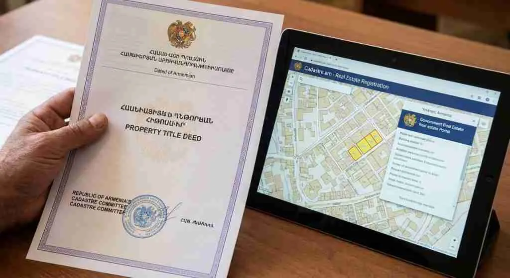 一只手拿着一份房产证，旁边是一块带有地图的石碑。