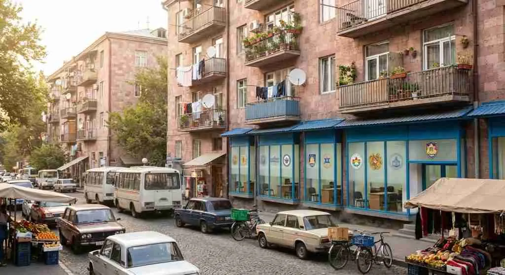 A vibrant street in Yerevan with residential buildings and address registration office signs.