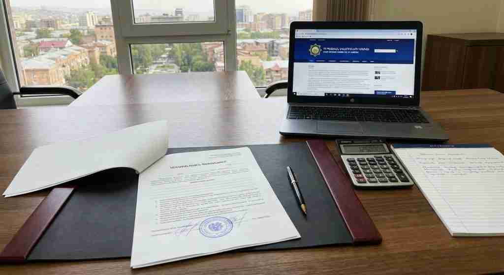 A desk with a signed contract, laptop displaying an e-filing system, and a calculator.