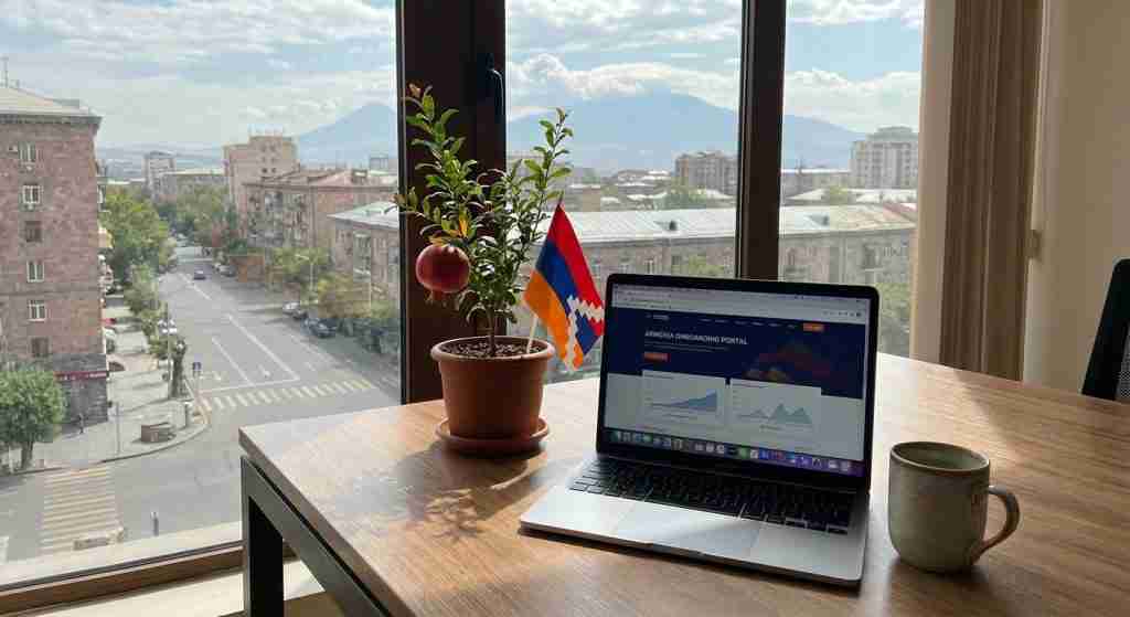 An office setup featuring a laptop on a desk alongside a potted plant, representing employee onboarding.