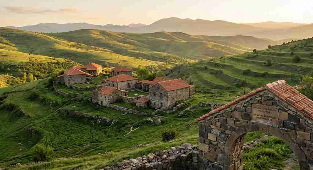Scenic view of Armenian landscape with traditional houses and hills.