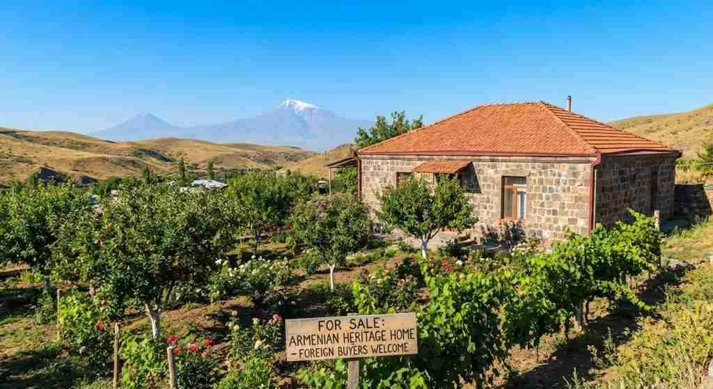 Ավանդական հայկական տուն՝ այգիով, խաղաղ բնապատկերում։