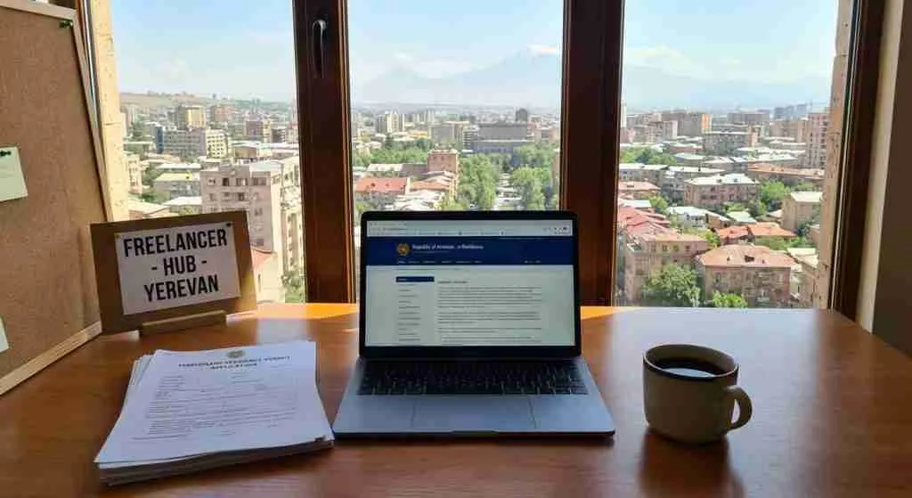 A workspace with a laptop, documents, and coffee with an Armenian cityscape in the background.