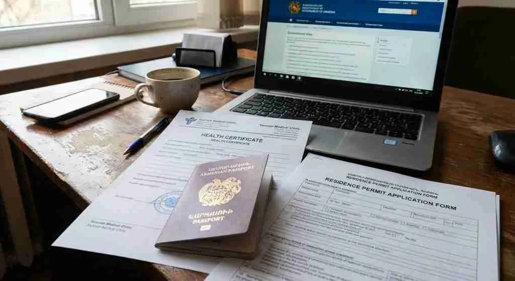 A workspace with documents and a laptop in Armenia, symbolizing residency application preparation.