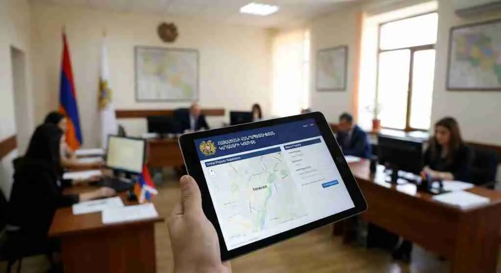 平板电脑上显示着房产登记界面,办公环境背景模糊。