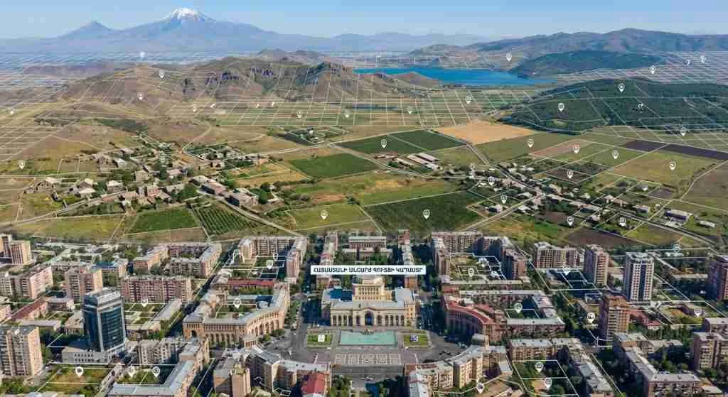 Aerial view of varied urban and rural landscapes in Armenia.