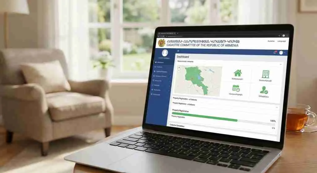 جهاز كمبيوتر محمول على مكتب يعرض موقع السجل العقاري الإلكتروني في بيئة مكتبية منزلية.