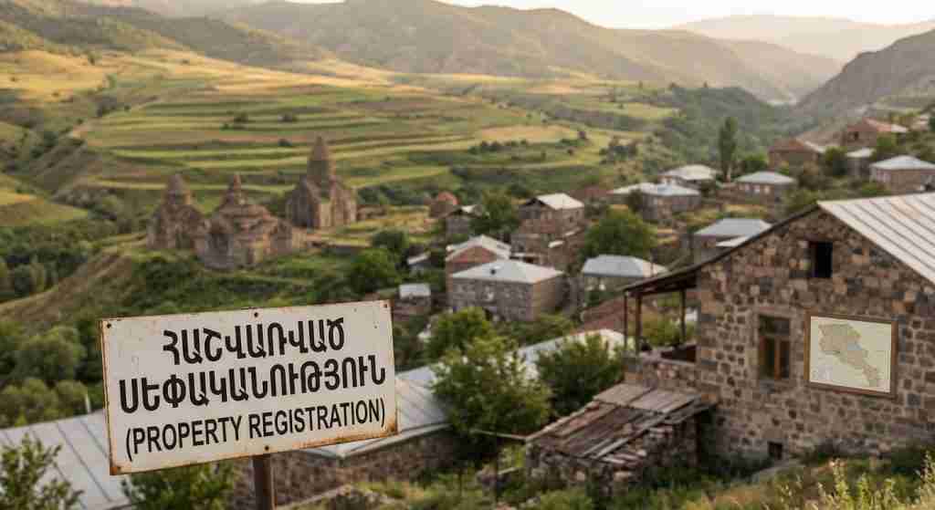 Traditional Armenian homes and farmland in a picturesque rural landscape.