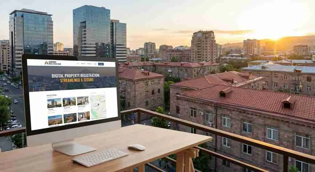 Երևանի քաղաքային տեսարան, որը ներկայացնում է ավանդական և ժամանակակից շենքերի համադրություն՝ կենտրոնանալով թվային ինտերֆեյսի վրա։