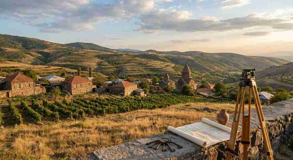 风景如画的亚美尼亚风光，展现了传统的建筑风格和房地产氛围。