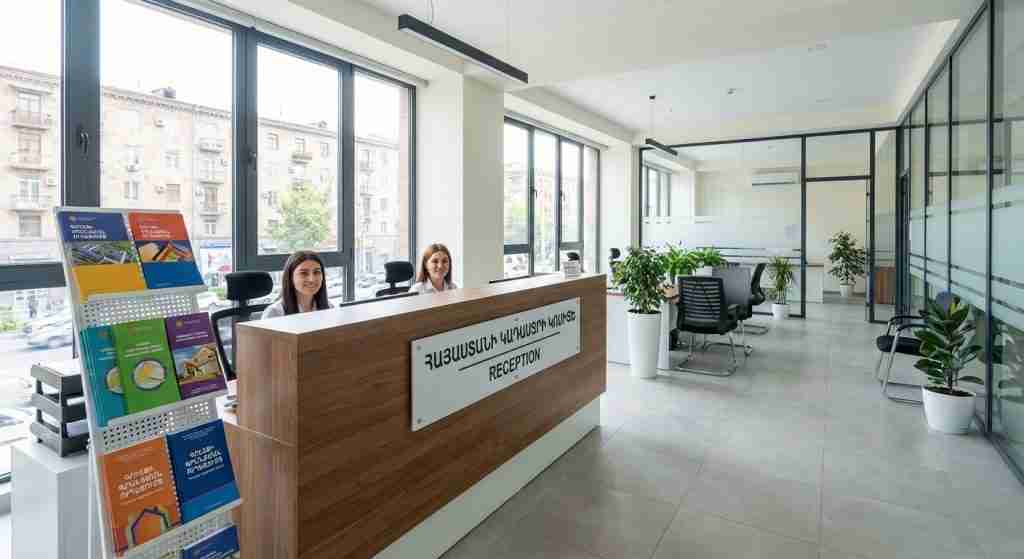 Innenansicht eines Katasteramts in Armenien, das für die Grundbucheintragung konzipiert wurde.