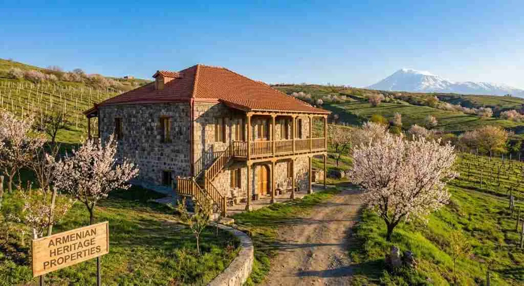 Traditional Armenian house surrounded by beautiful landscape.