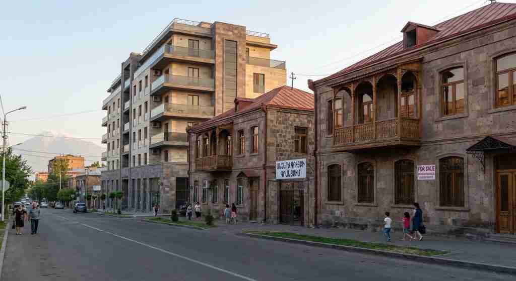 Тихая армянская жилая улица, демонстрирующая традиционную и современную архитектуру.