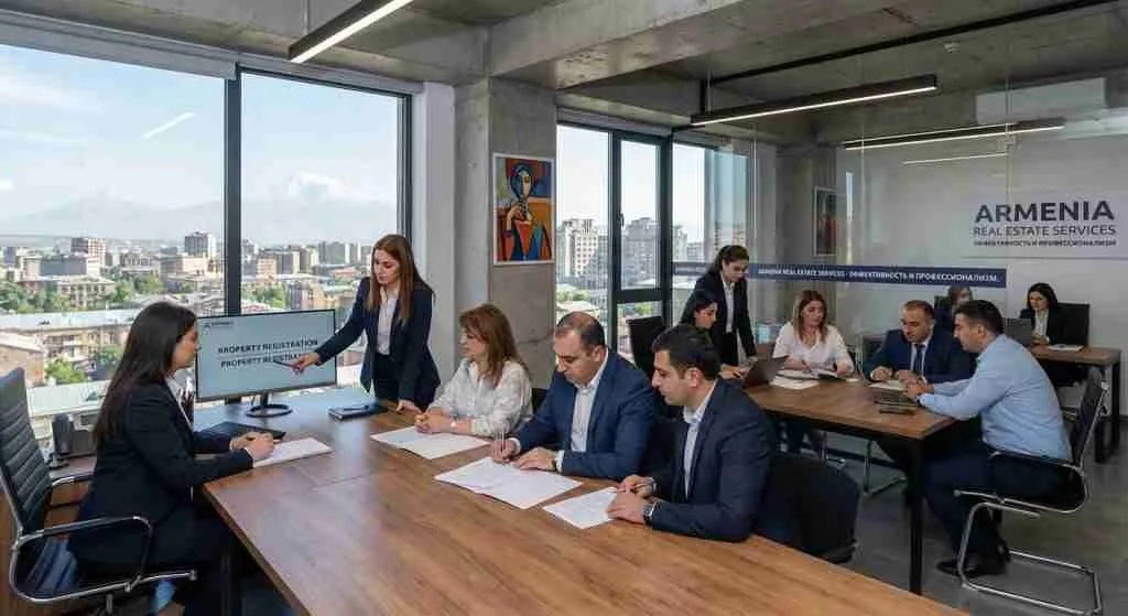 Ein Büro mit Schreibtisch, Eigentumsdokumenten und Computer in Armenien.