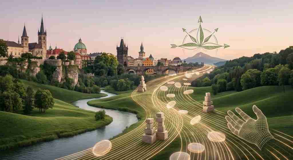 欧洲城市的天际线景观，融合了自然元素和抽象的金融符号。