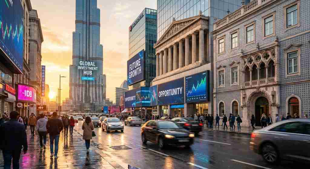 Urban streets bustling with activity, showcasing a mix of architecture and investment opportunities.