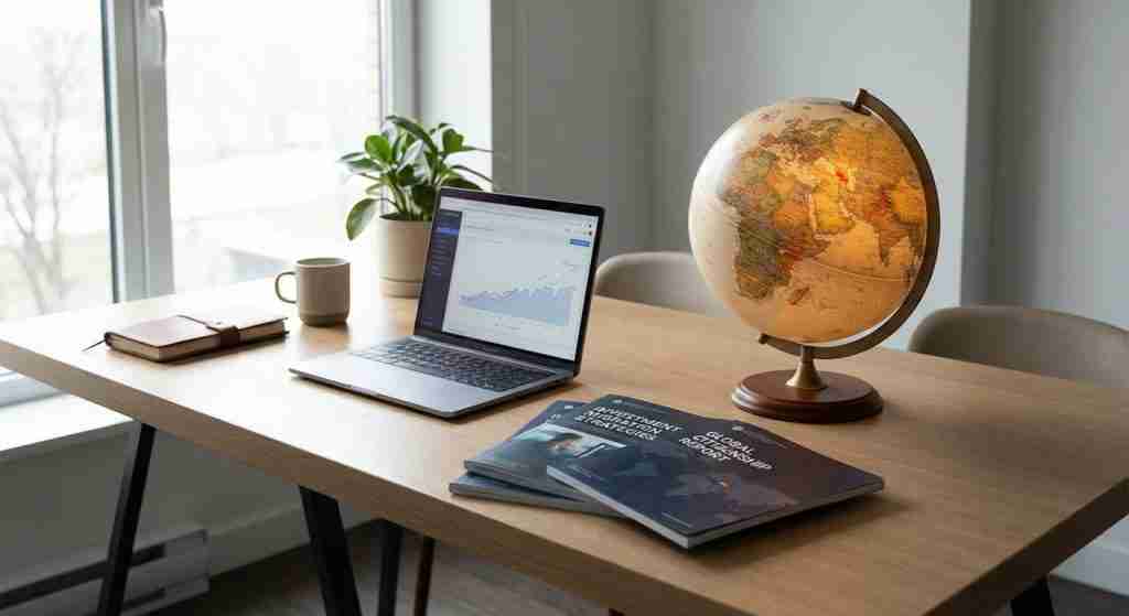 مكتب يحتوي على مستندات الهجرة الاستثمارية وكرة أرضية، ترمز إلى الفرص العالمية.