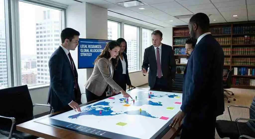 A modern office setting with professionals discussing strategies around a global map.