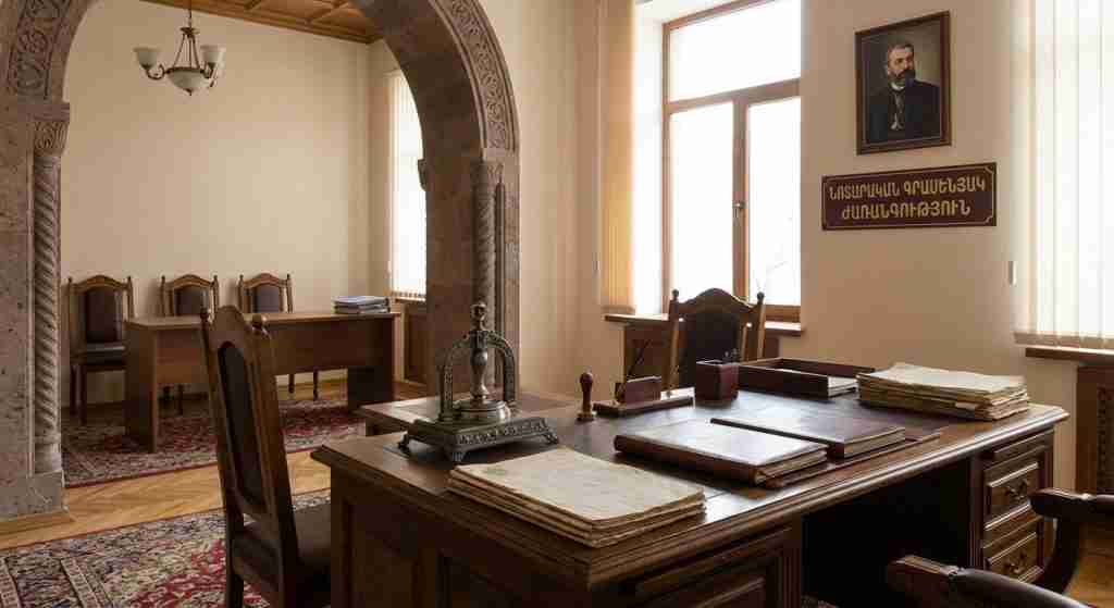 亚美尼亚公证处内部,摆放着法律文件和公证印章,突显了继承程序。