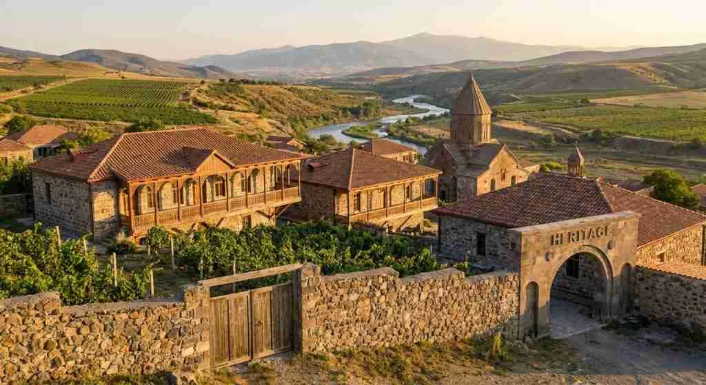 一座传统的亚美尼亚房屋，背景是风景秀丽的群山。