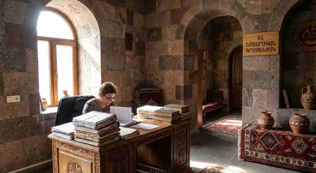 A notary's office filled with legal documents and Armenian architectural elements.