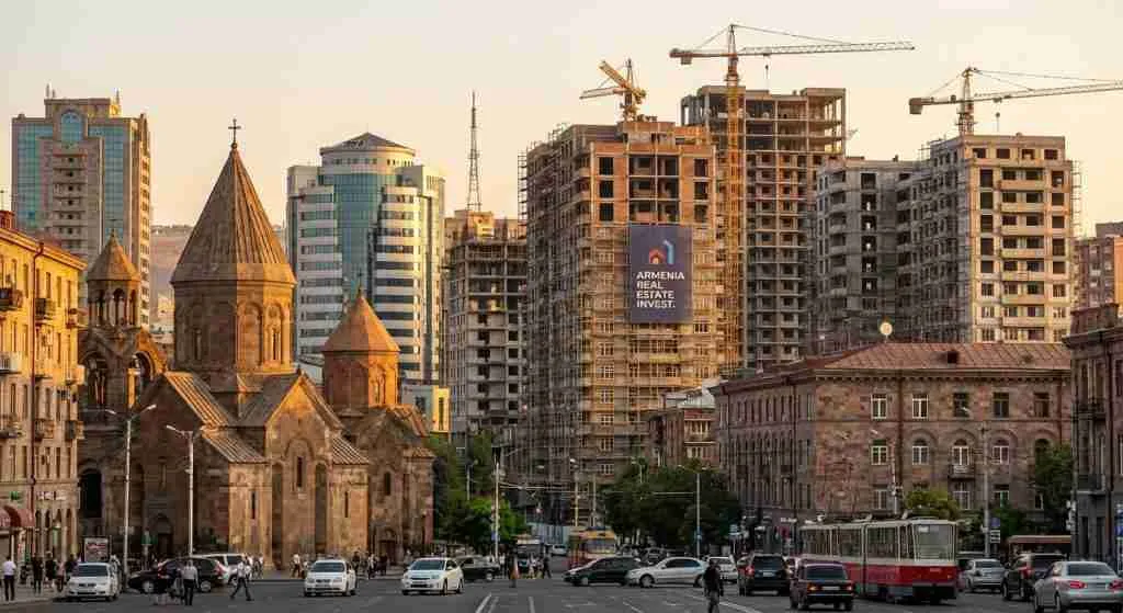 Urban skyline with new construction and historic buildings visible in an Armenian city.