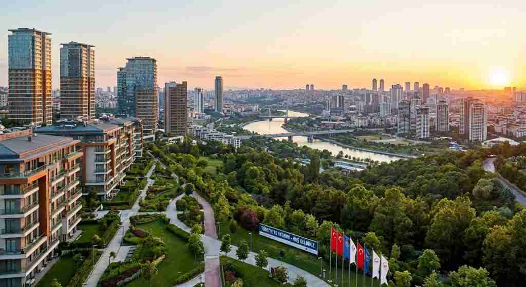 A modern city skyline with upscale residences and greenery.
