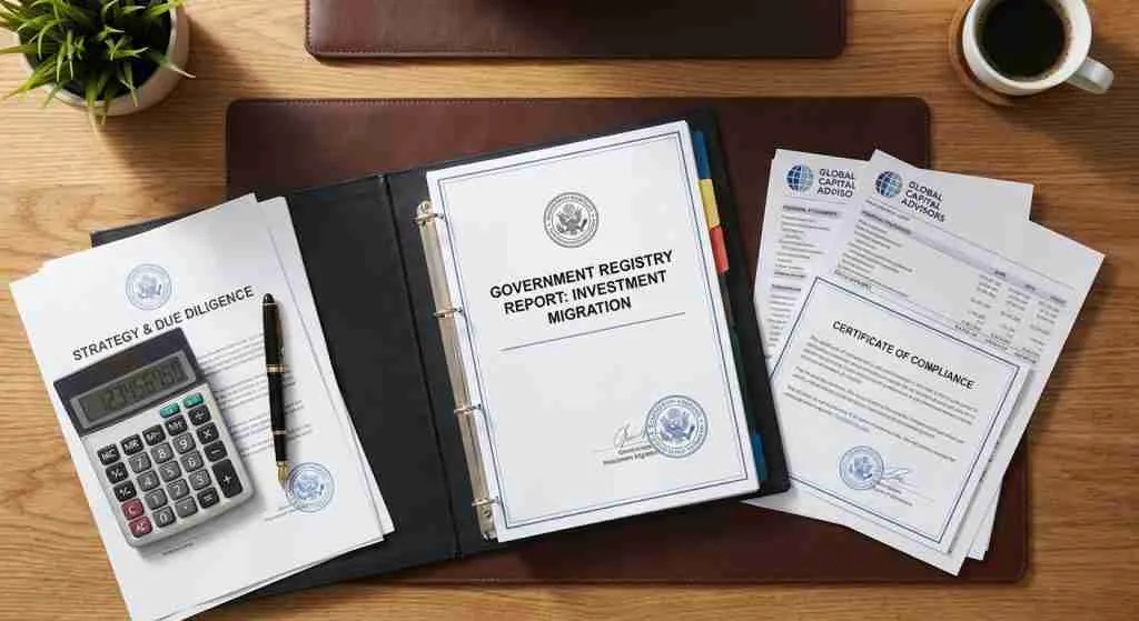 桌上摆放着官方文件、财务报表和计算器,象征着投资移民的合规性。
