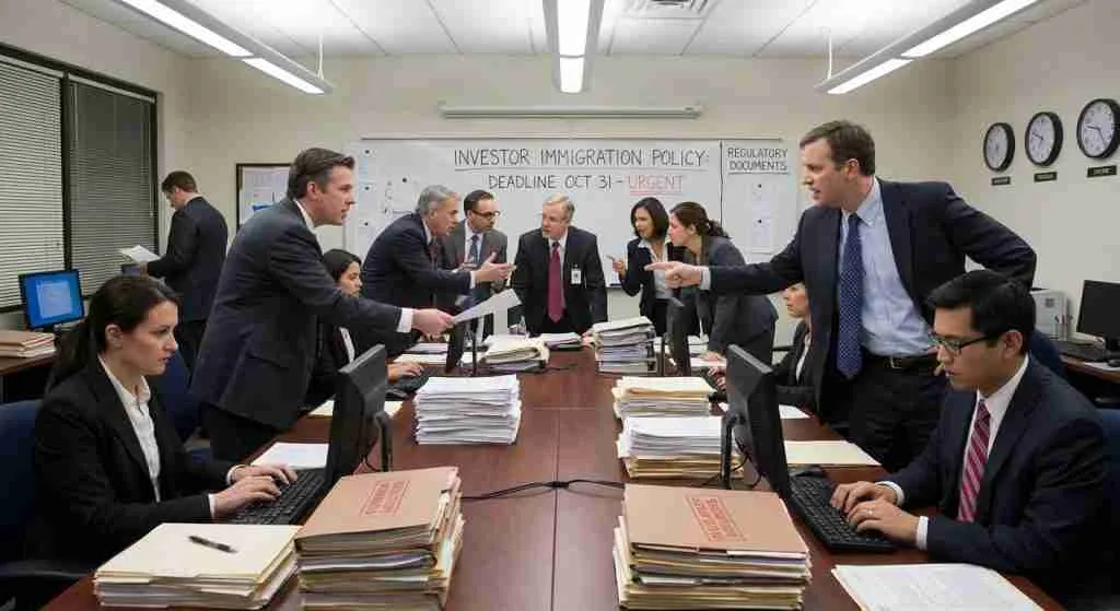 Government officials discussing immigration laws in a busy office.