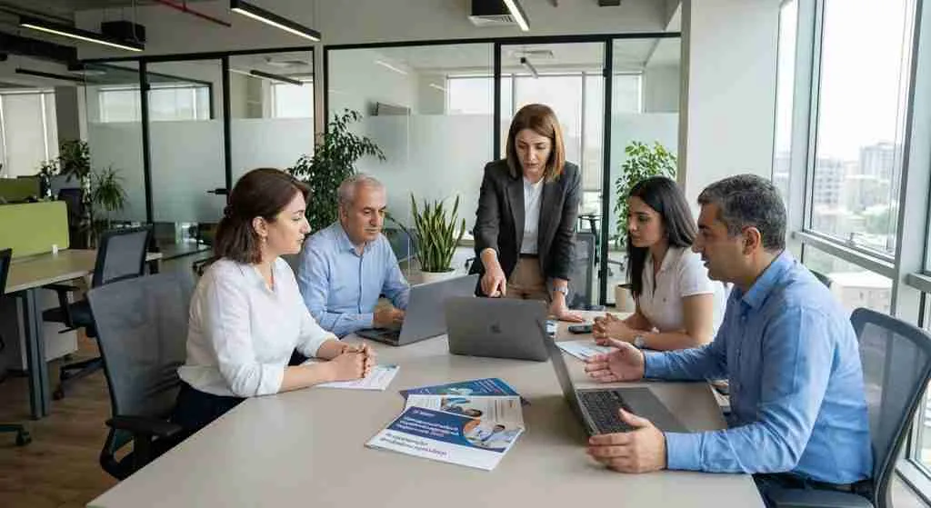 在现代化的办公室里，不同背景的员工正在讨论医疗保健方案。