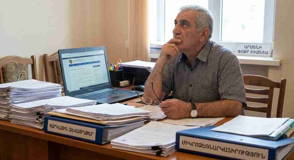 Small business owner reflecting on tax forms and business documents in Armenia.