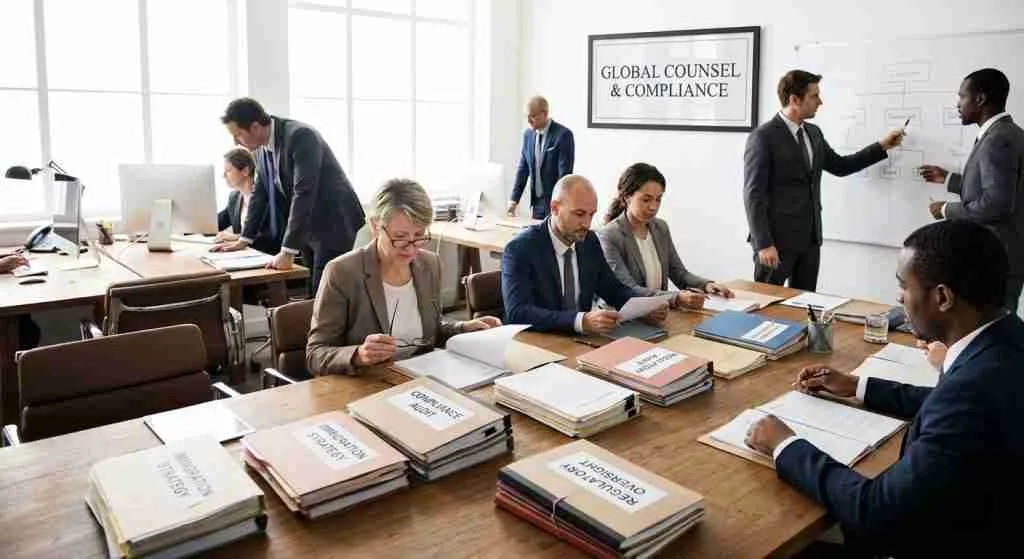 داخل مكتب محاماة مع مستندات الامتثال على المكتب، مما يعكس الاحتراف.