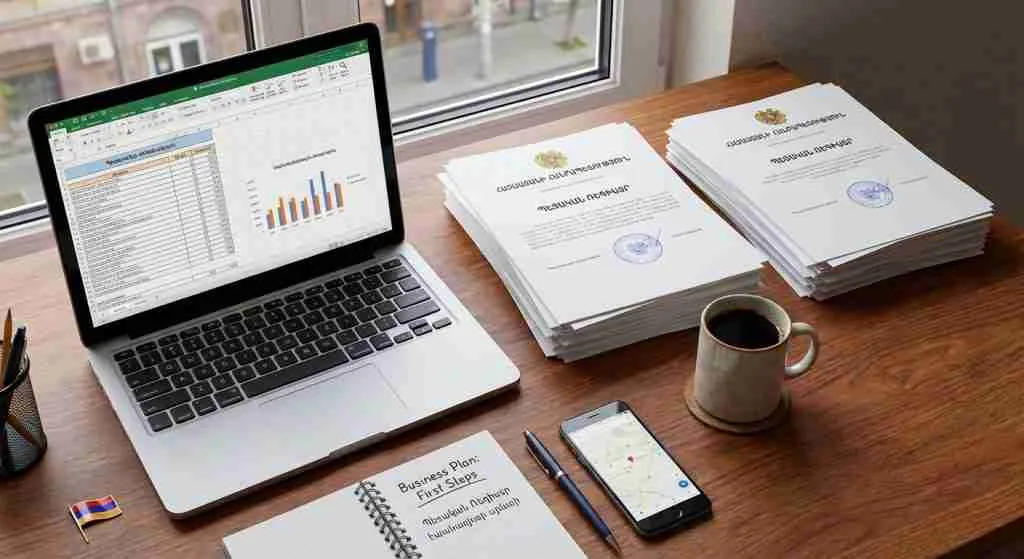 An overhead view of an office desk with compliance documents, a laptop, and a cup of coffee in an Armenian office.