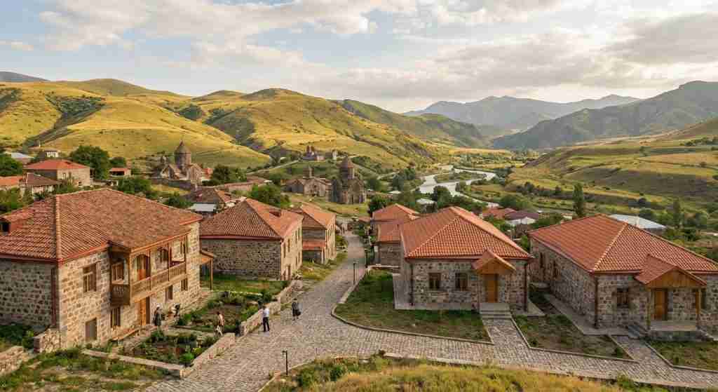 Armenian residential landscape featuring traditional architecture and modern buildings.