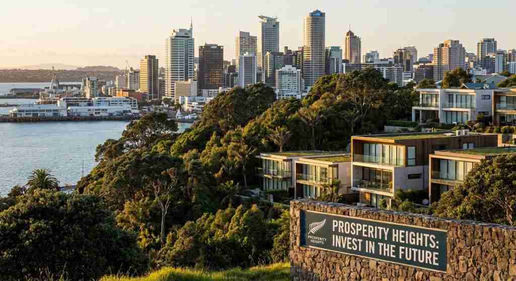 Modern New Zealand city skyline with greenery and luxury homes, symbolizing investment.